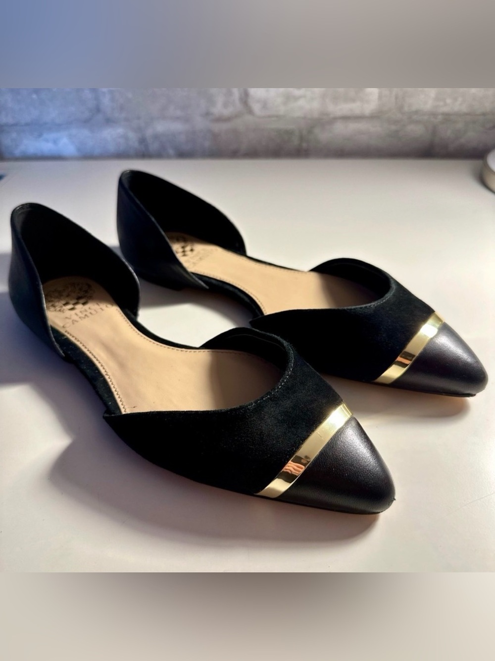 Vince Camuto Black D'Orsay Pointed Toe Flats with Gold accent